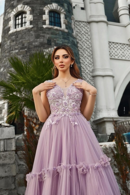 A-Line V-neck Lace Purple  Elegant Flower Long Prom Dresses