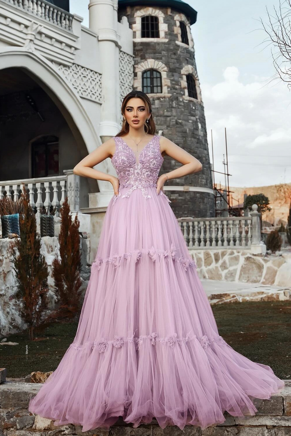 A-Line V-neck Lace Purple  Elegant Flower Long Prom Dresses