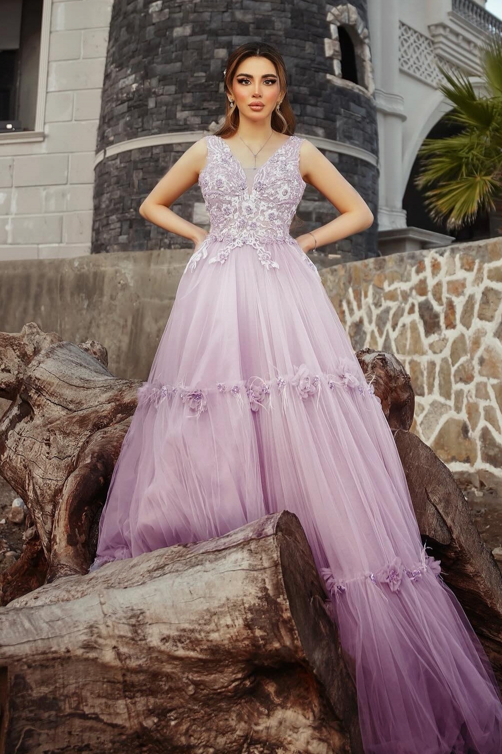 A-Line V-neck Lace Purple  Elegant Flower Long Prom Dresses