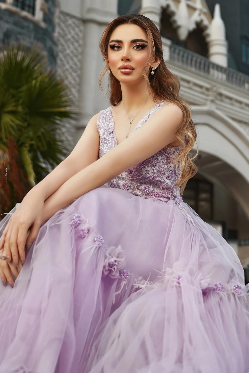 A-Line V-neck Lace Purple  Elegant Flower Long Prom Dresses