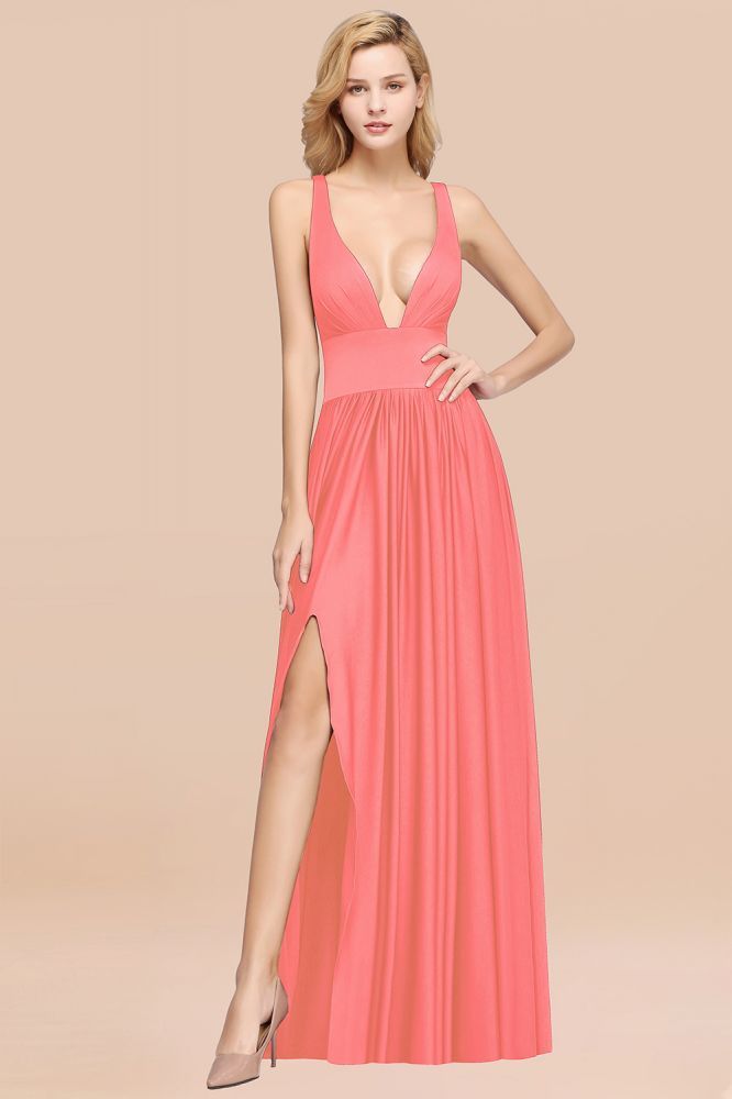 A-Line Jersey V-Neck Sleeveless Long Bridesmaid with Ruffles