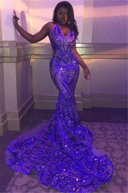 V-neck Sleeveless Sequins Mermaid Long Train Shining Prom Dresses