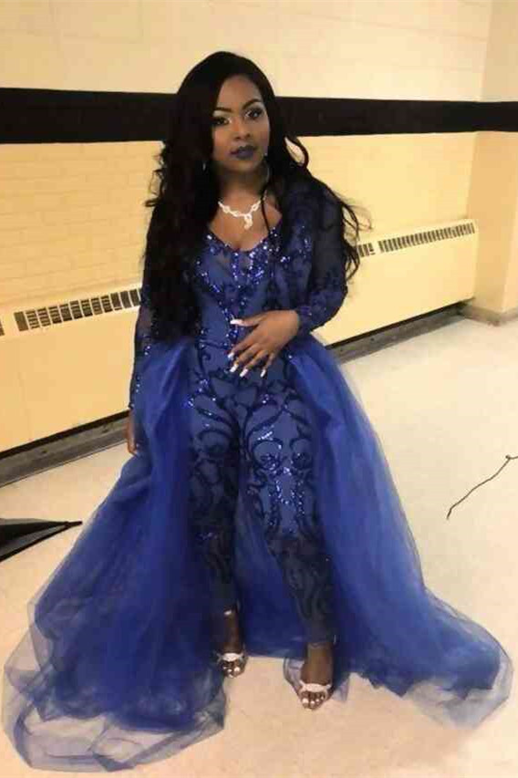 Special Style Long Sleeves Scoop Jumpsuit With Detachable Tulle Skirt | Royal Blue Party Gowns