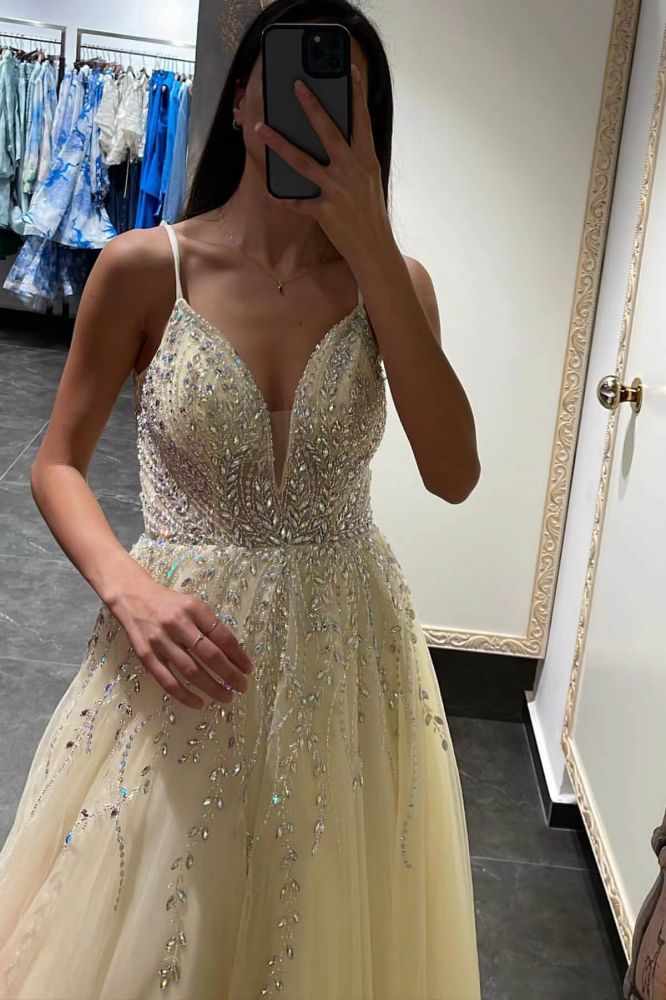 Sweetheart A-line Tulle Yellow Ball Gown Prom Dresses