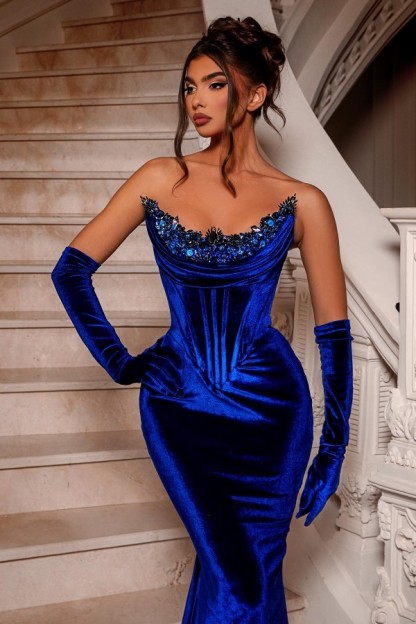 Elegant Blue Velvet Floor Length Strapless Prom Party Dress