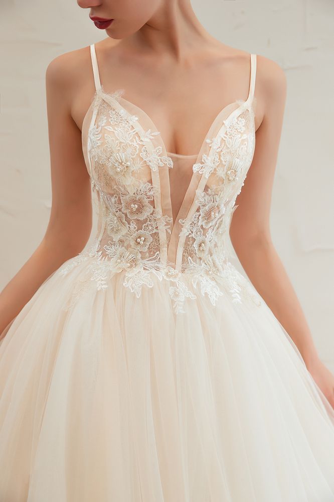 Boho Spaghetti Straps Ivory Ball Gown Wedding Dress | Romantic Bridal Gowns for Sale