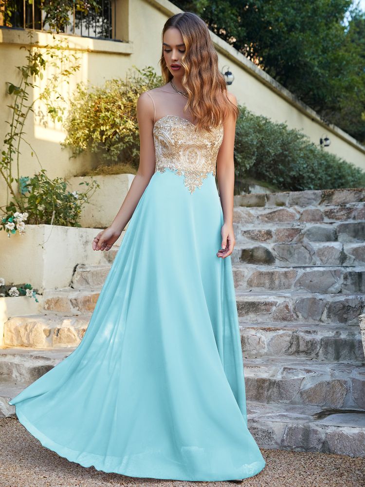 Sleeveless Lace Appliques Long Prom Dresses Chiffon Evening Party Gown