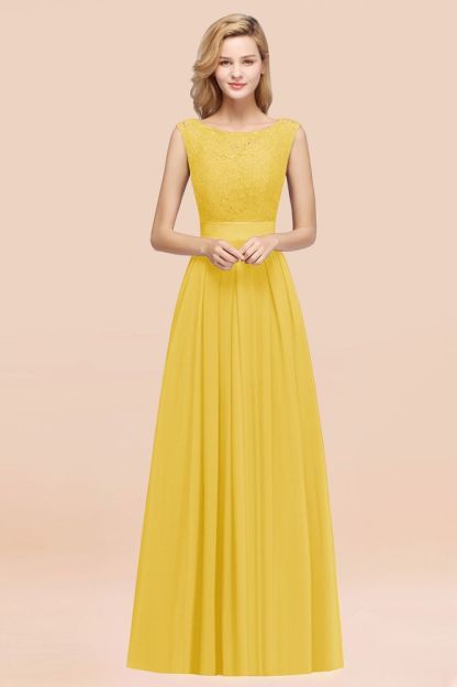 A-line Chiffon Lace Jewel Sleeveless Ruffles Floor-length Bridesmaid Dress