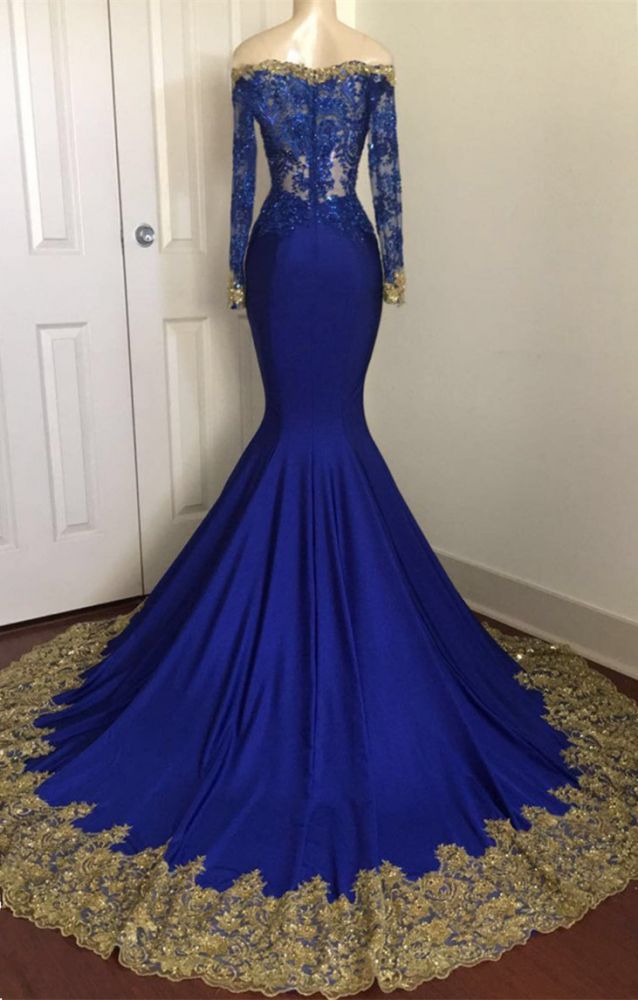 Off The Shoulder Royal Blue Prom Dresses | Gold Lace Appliques Sexy Evening Dress with Sleeve BA8283