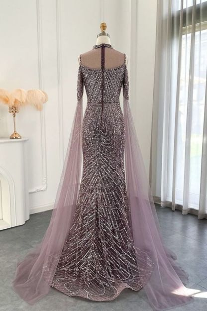 Luxury Shiny Beading Halter Dubai Mermaid Evening Gown Cape Sleeves Floor Length Party Dress
