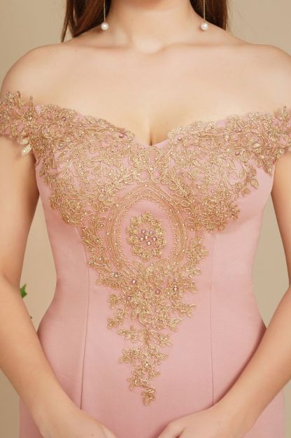 Off-the-shoulder Pink Appliques Mermaid Prom Dress