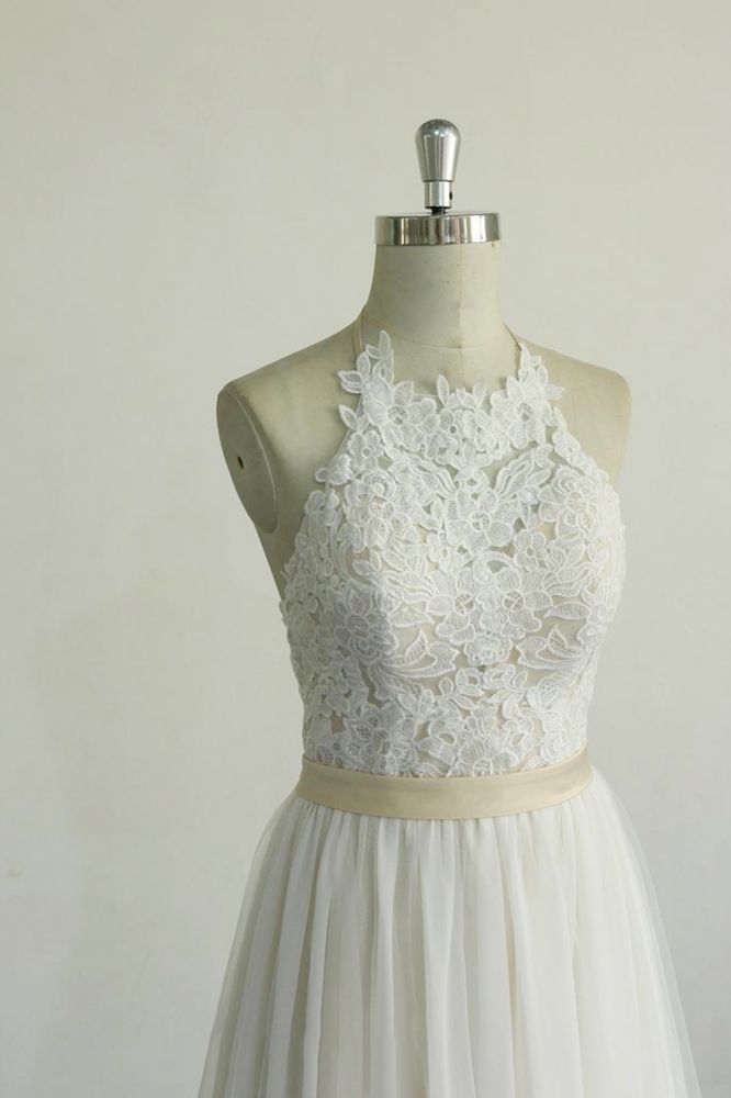 Ivory V-neck A-line Simple Boho Beach Wedding Dresses