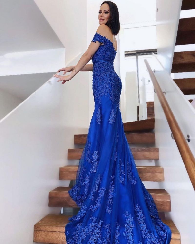 Charming Off-the-Shoulder Mermaid Evening Gown Tulle Lace Appliques Prom Dress