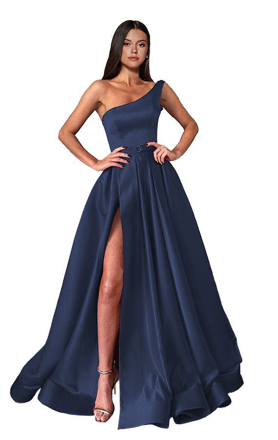 One shoulder Burgundy High Split A-line Ball Gown Prom Dresses
