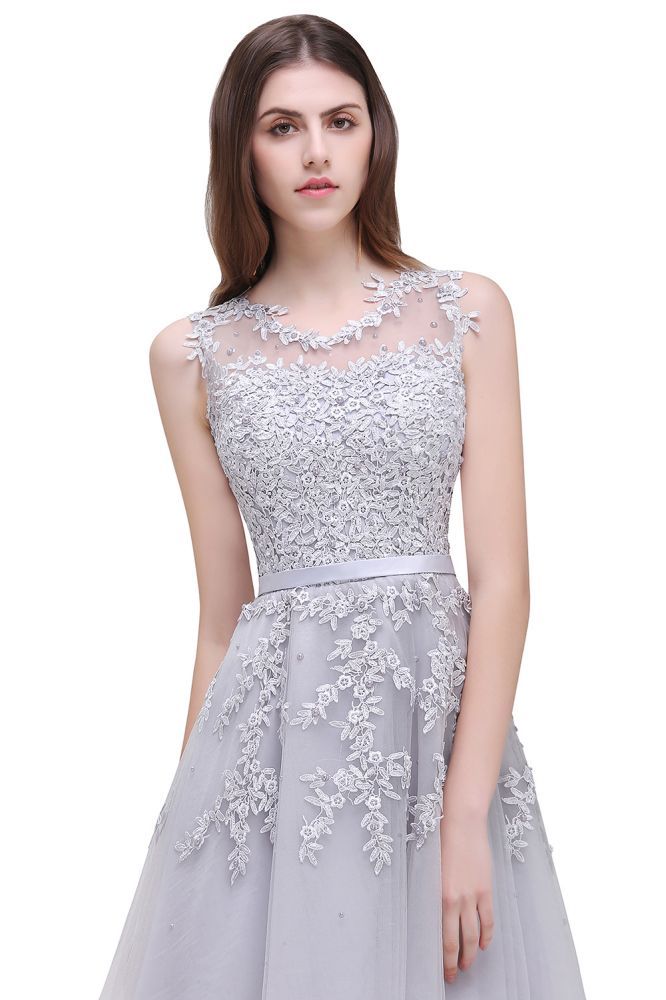 EMORY | A-Line Crew Tea Length Lace Appliques Short Prom Dresses