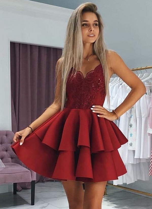 Fashion Layers Homecoming Dresses Spaghetti Straps Lace Hoco Dresses with Appliques