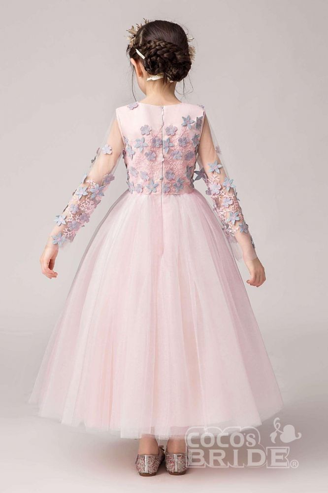 Pink Tulle Kids Birthday Party Dress Long Sleeves with Floral Pattern Pegant Dress for Girls