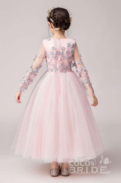 Pink Tulle Kids Birthday Party Dress Long Sleeves with Floral Pattern Pegant Dress for Girls