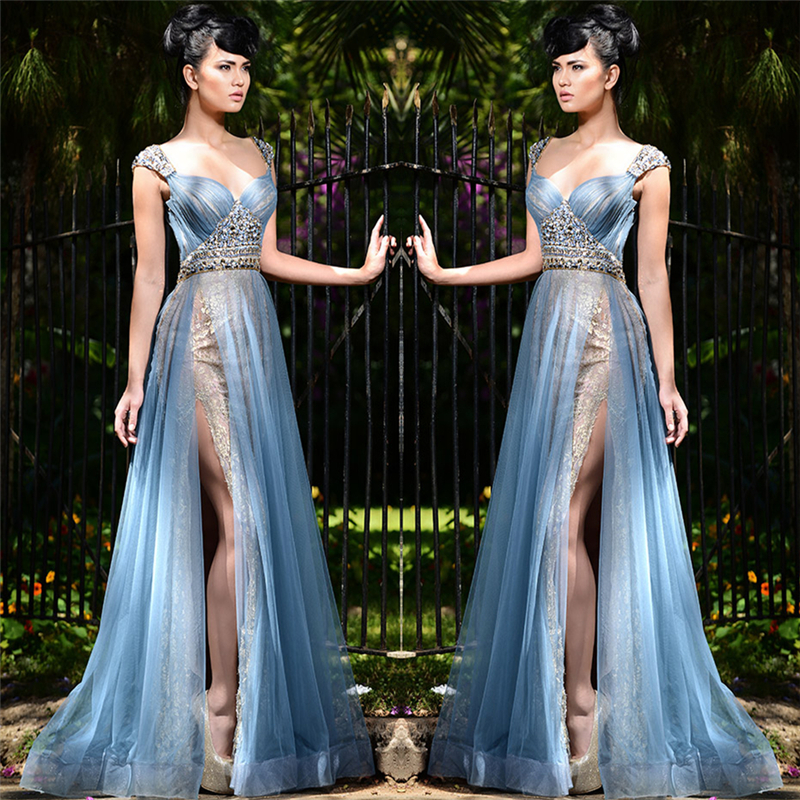 Stylish Long Blue Formal Evening Dresses Online | Tulle Crystal Sexy Slit Prom Dresses