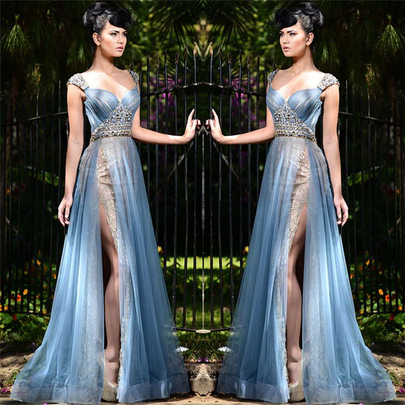 Stylish Long Blue Formal Evening Dresses Online | Tulle Crystal Sexy Slit Prom Dresses