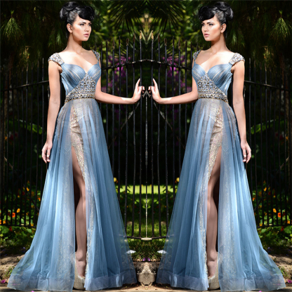 Stylish Long Blue Formal Evening Dresses Online | Tulle Crystal Sexy Slit Prom Dresses