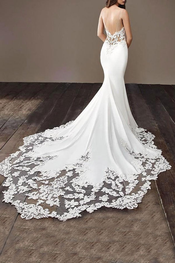 Spaghetti Strap Lace Wedding Dress Online with Chapel Train | White Bridal Gowns under $200