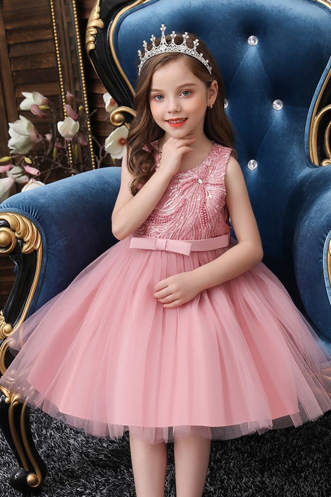 Dusty pink sleeveless knee length belt flower girl dress