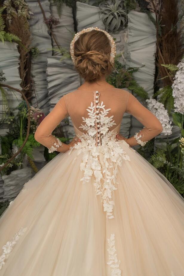 Elegant Princess Flower Girl Dresses with Long Sleeves Floral Tulle Appliques Birthday Party Dress for Kids-Babyonlinewholesale