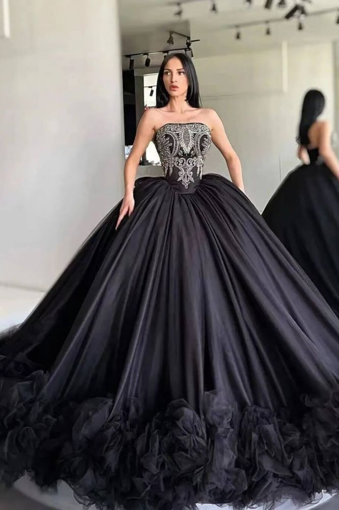 Black Strapless Luxury Puffy Ball Gown Prom Dresses