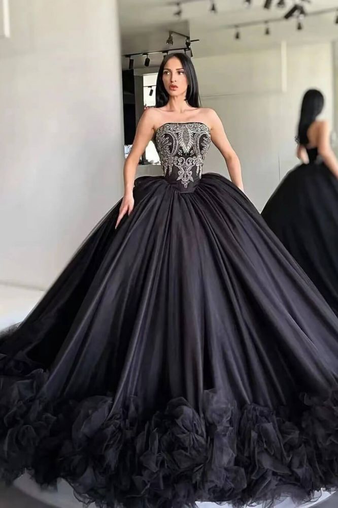 Black Strapless Luxury Puffy Ball Gown Prom Dresses