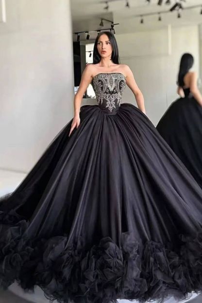Black Strapless Luxury Puffy Ball Gown Prom Dresses