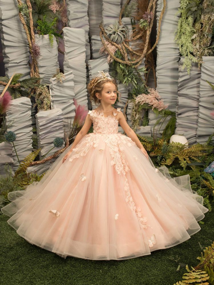 open lace back dress Girl First Communion Dress Children Princess Summer Gray Fluffy Cake Party Dress, Grey / 4-5 Years (120cm)