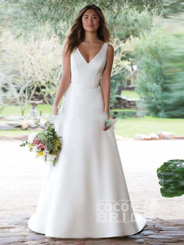 V-neck White Satin A-line Wedding Dresses