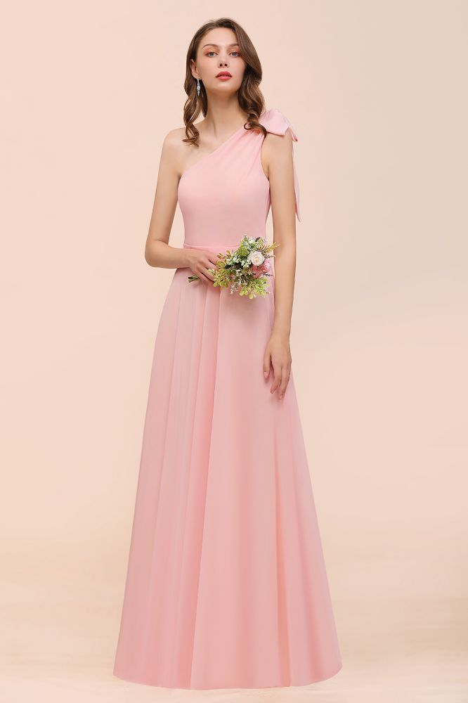 One Shoulder Soft Chiffon Bridesmaid Dress Pink Maid of Honor Dress