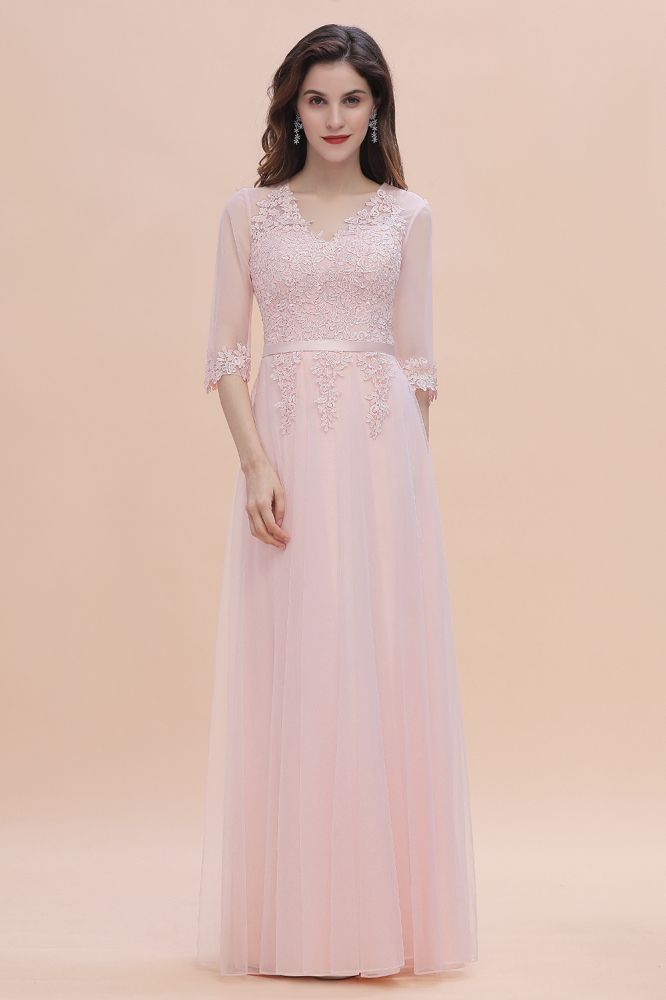 Romantic 3/4 Sleeves Pink Wedding Guest Dress Lace Appliques