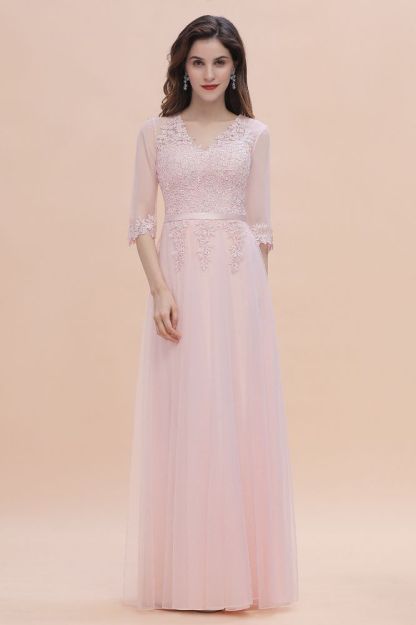 Romantic 3/4 Sleeves Pink Wedding Guest Dress Lace Appliques