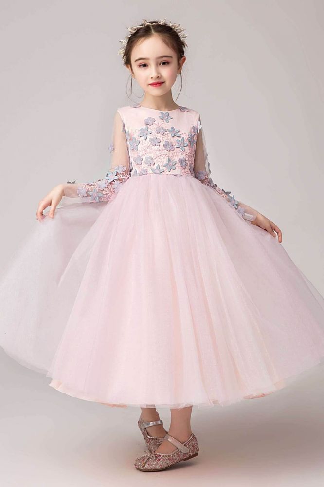 Pink Tulle Kids Birthday Party Dress Long Sleeves with Floral Pattern Pegant Dress for Girls