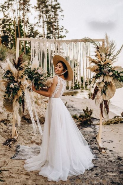 Boho tulle white beach sleeveless long flowy wedding dress