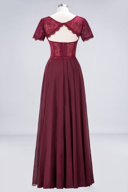 Chiffon A-Line Lace Round-Neck Short-Sleeves Long Bridesmaid Dress