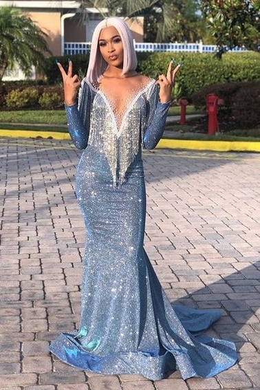 Luxurious Sequins Long Sleeves Mermaid Sheer Neckline Prom Dresses