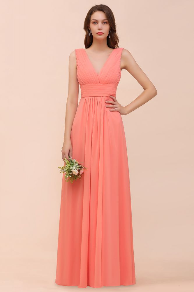 Coral V-Neck Aline Bridesmaid Dress Sleeveless Wedding Guest Dress