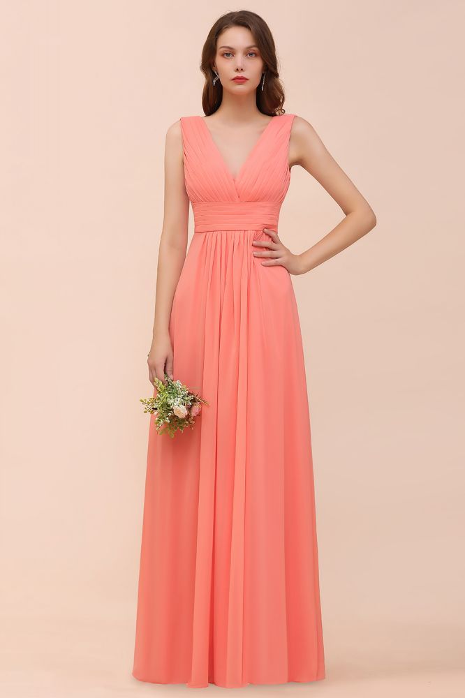 Coral V-Neck Aline Bridesmaid Dress Sleeveless Wedding Guest Dress