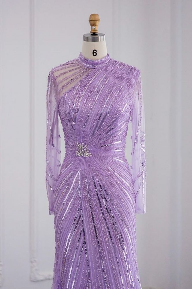 Elegant High Neck Long Sleeves Beading Mermaid Evening Gowns with Crystals Sash