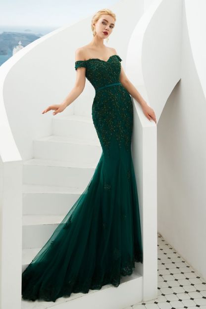 Harvey | Emerald green Mermaid Tulle Prom dress with Beaded Lace Appliques