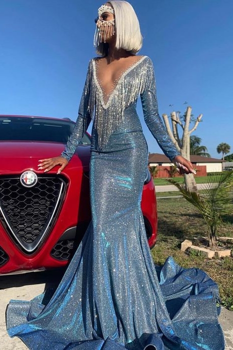 Luxurious Sequins Long Sleeves Mermaid Sheer Neckline Prom Dresses
