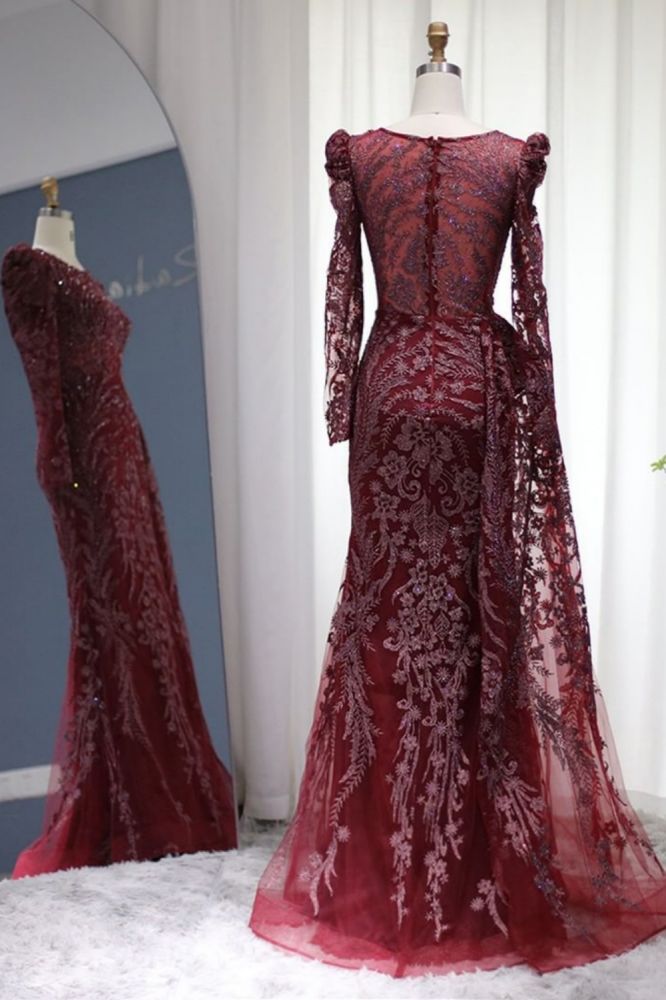 Luxury Scoop Puffy Sleeves Mermaid Evening Gown Sparkly Beading Floral Appliques Formal Dress with Sweep Train-Babyonlinewholesale