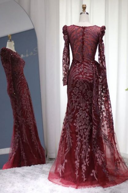 Luxury Scoop Puffy Sleeves Mermaid Evening Gown Sparkly Beading Floral Appliques Formal Dress with Sweep Train-Babyonlinewholesale