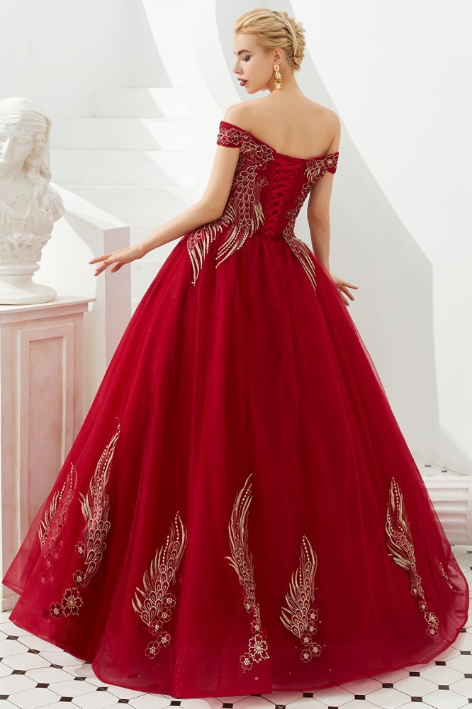 Henry | Elegant Off-the-shoulder Princess Red/Mint Prom Dress with Wing Emboirdery