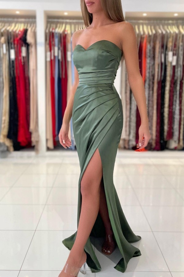 Sweetheart Satin Slim Mermaid Prom Dress Side Slit Evening Dress Sweetheart