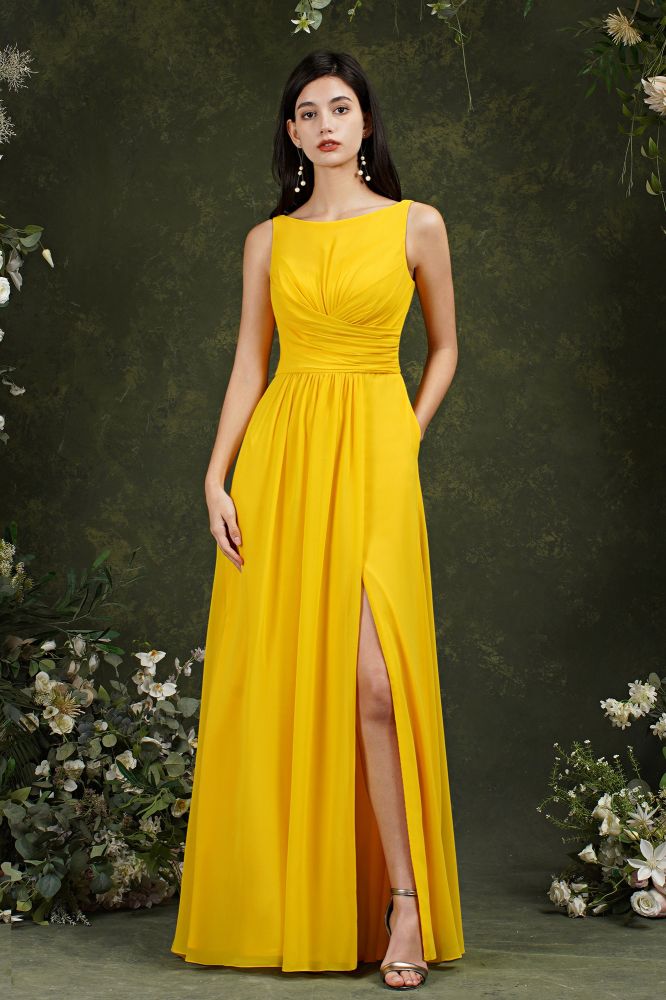 Bateau Ruffles Chiffon Floor-length A-Line Split Bridesmaid Dress With Pockets